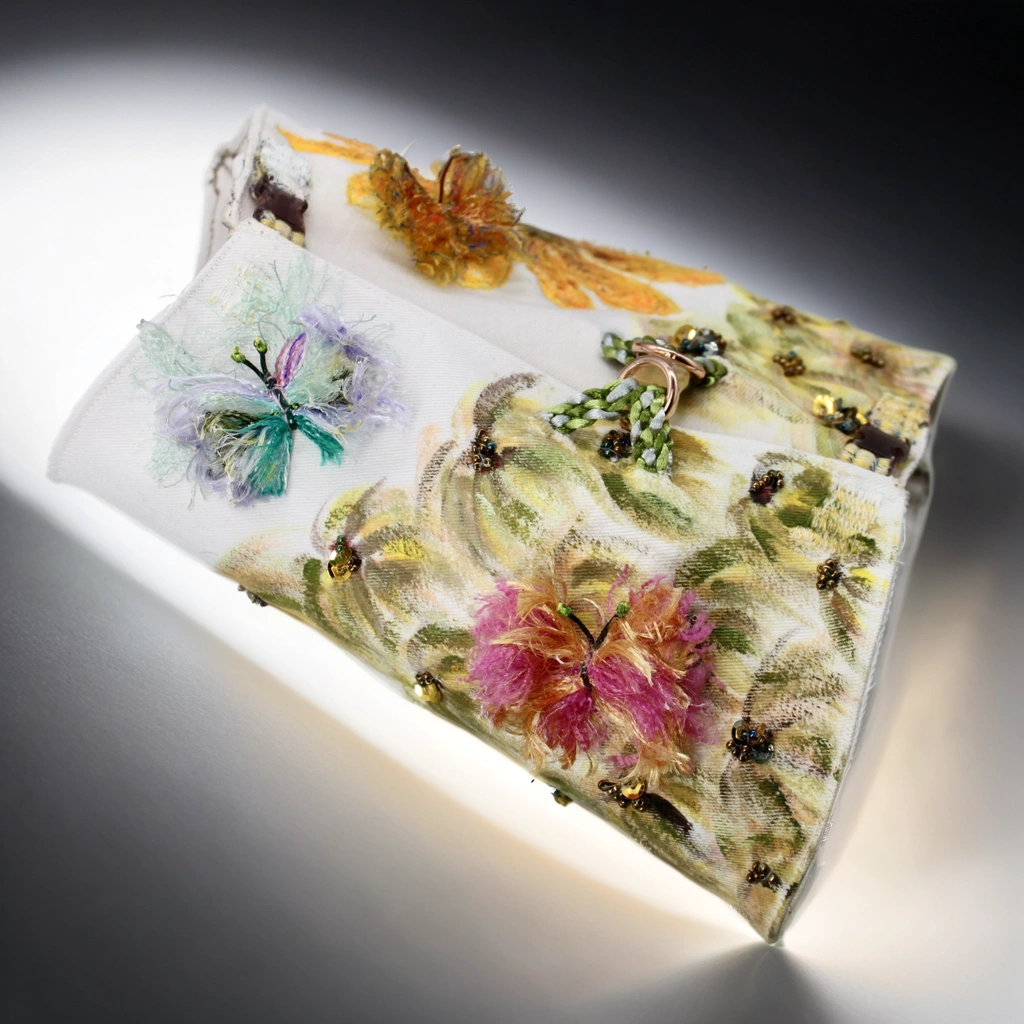 Pettorina Campo dei Fiori EB MOOD in denim 501, realizzata interamente a mano con ricamo 3D, decorazioni floreali e farfalle. Accessorio sartoriale di lusso per cani, fatto su misura in Italia.