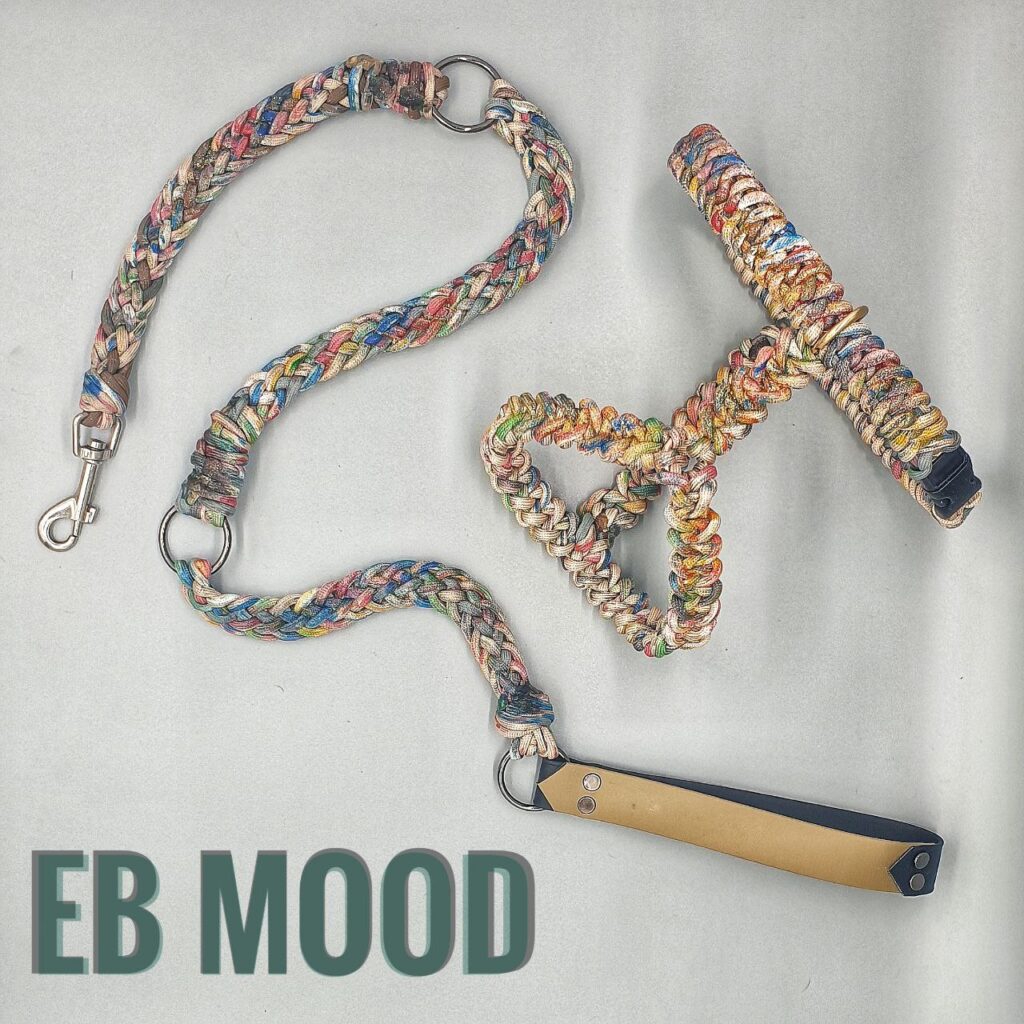 Guinzaglio e pettorina URBAN realizzati a mano con filati creati appositamente per una personalizzazione esclusiva. Set unico e su misura per uno stile urbano e originale.